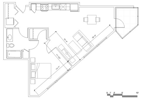 Floor plan for 1 bed, 1 bath, 757 sqft